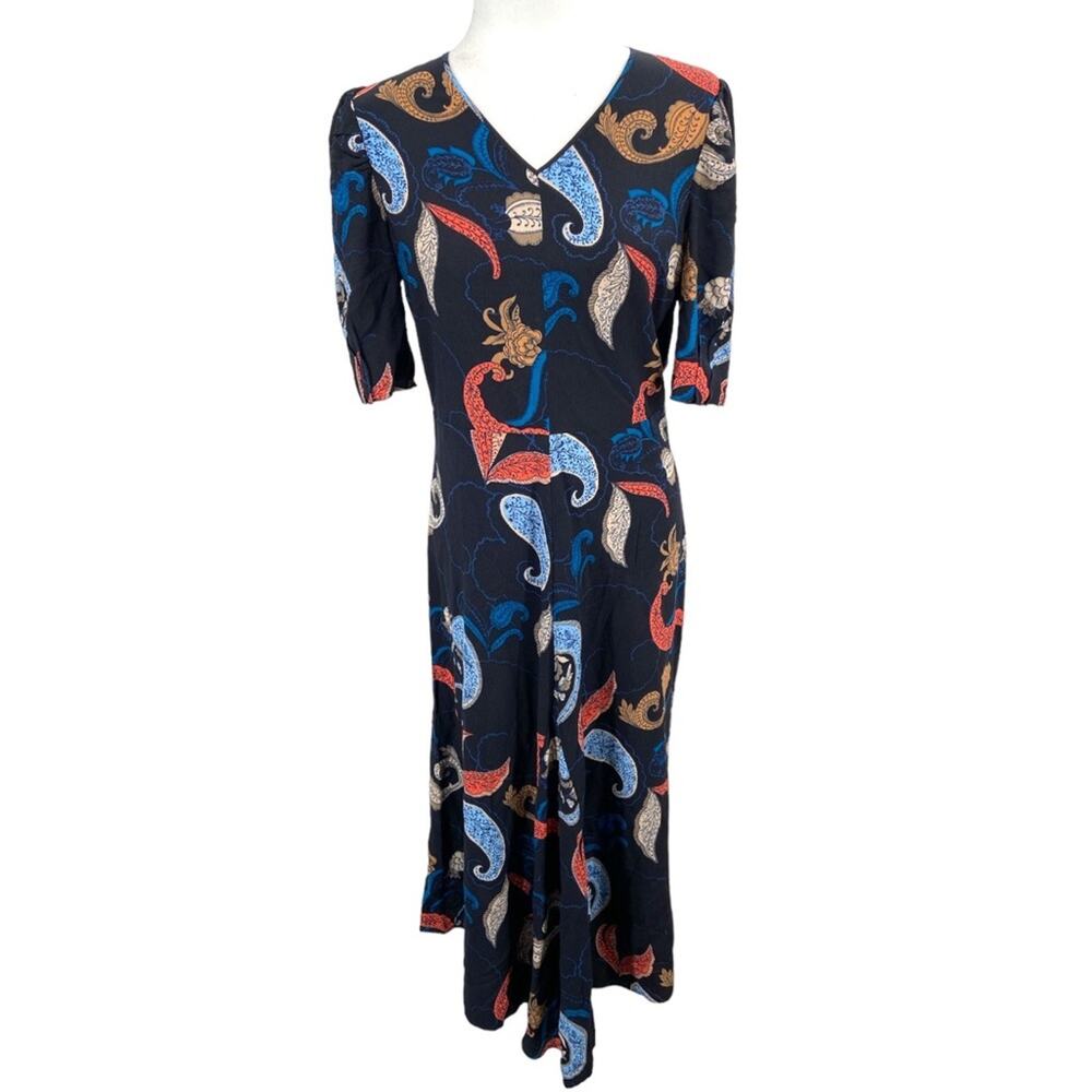 See by Chloe Puff-Shoulder Paisley Midi Dress asymmetrical hem size 6